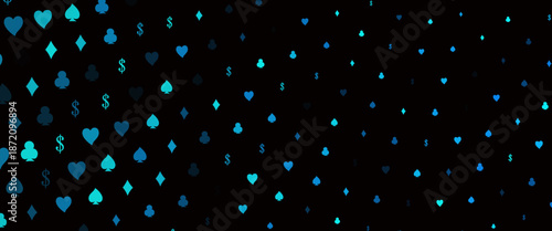 Dark Blue, Green vector layout with elements of cards. Colorful gradient with signs of hearts, spades, clubs, diamonds. Design for ad, poster, banner of gambling websites.