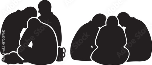 Silhouettes of people sitting in groups together