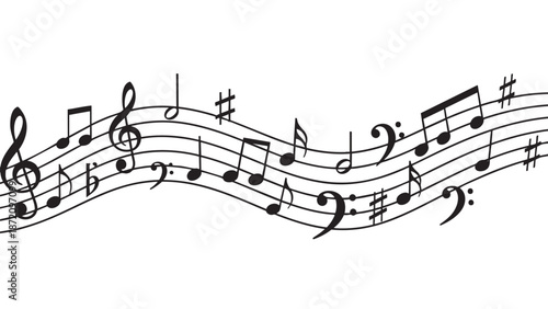 Hand drawn musical notes and symbols on transparent background