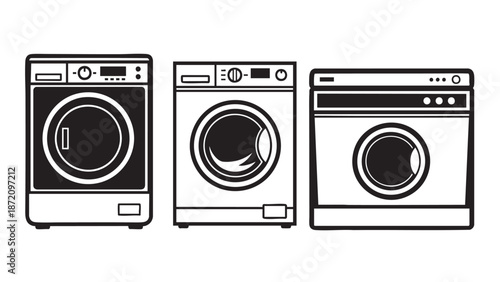 Set of three modern front load washing machines with control panels