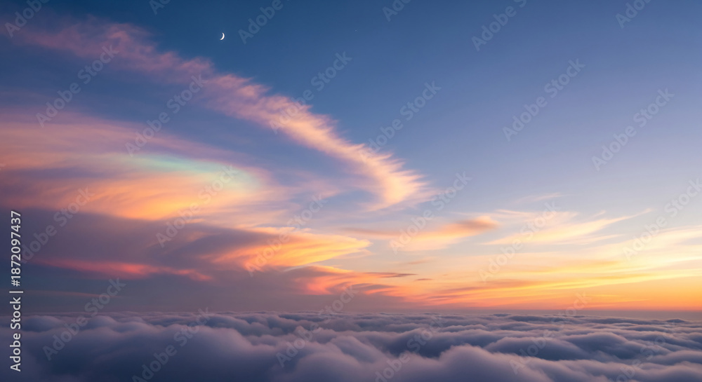 Fototapeta premium Scenic view of clouds at sunset with a waxing crescent moon in a gradient blue sky, representing dreams, hope, and tranquility, perfect for meditation