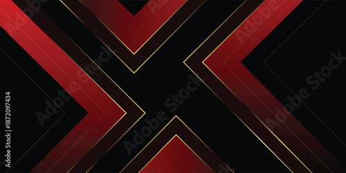 Black abstract wide horizontal banner with red and gray lines, arrows and angles. Dark modern sporty bright futuristic horizontal abstract background. Wide vector illustration EPS10.