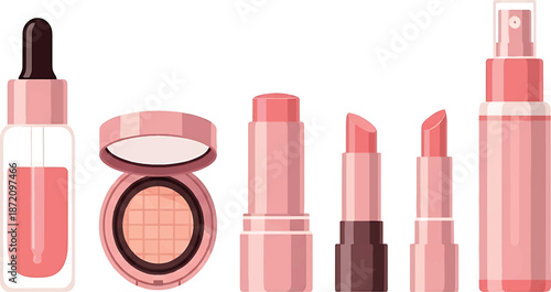 Vector illustration of various makeup products including lipstick, eyeshadow, and serum arranged in a row on a white background with a focus on beauty and cosmetics.