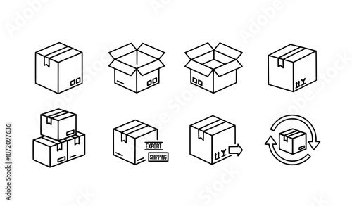 Line Box Icon Set for Shipping and Delivery – Minimal Outline Package and Cargo Vector Icons