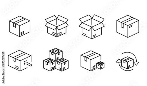 Line Box Icon Set for Shipping and Delivery – Minimal Outline Package and Cargo Vector Icons