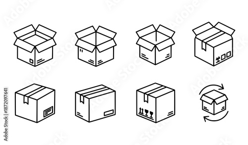 Shipping Box Linear Icons Collection – Delivery, Cargo and Return Package Outline Vectors