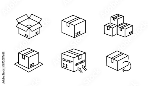 Outline Package and Cargo Box Icons – Linear Delivery and Shipping Vector Set
