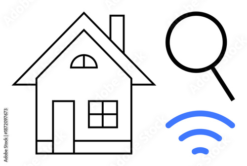 House outline with magnifying glass and wireless signal suggesting smart home search, connectivity, and modern living. Ideal for real estate, technology, home automation, internet, property search