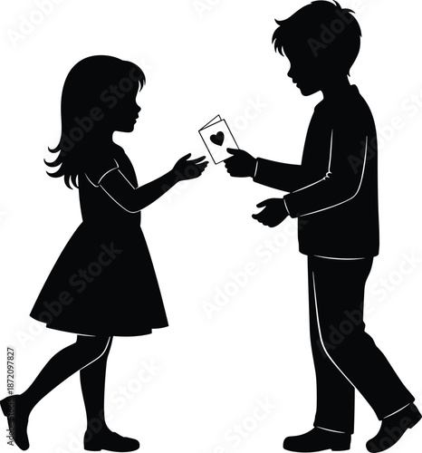 Valentine Love Couple Black Silhouette of a boy and girl exchanging a card with a heart on it