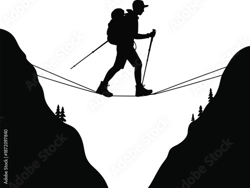 Hiker crossing dangerous mountain gap.