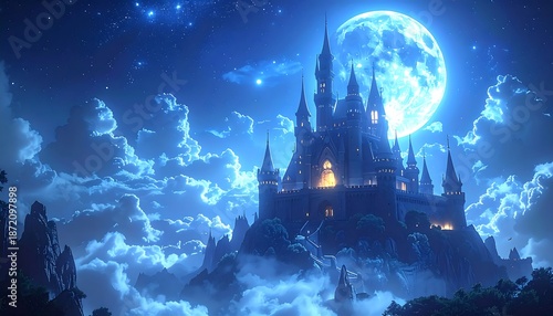 Enchanting Gothic Castle Under a Luminous Full Moon and Starry Night Sky