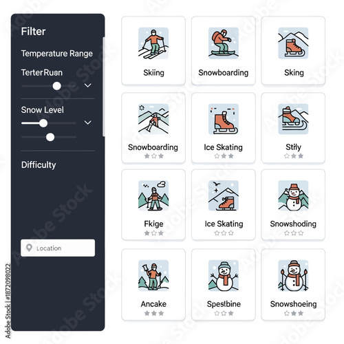 Winter Sports and Activities Icons with Filter Menu.