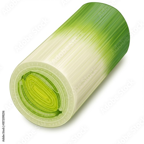Close up of a Sliced Leek with Green and White Layers in Detailed Macro View