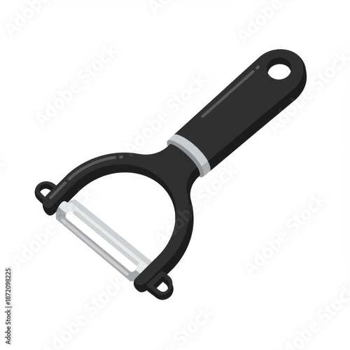 Black Vegetable Peeler with Silver Blade on White Background Kitchen Utensil