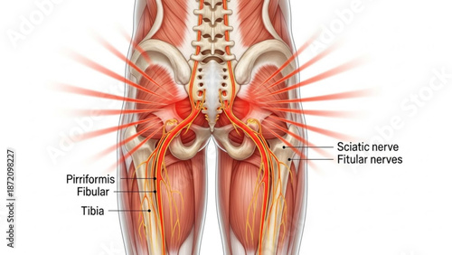 Human lower back and leg anatomy with highlighted sciatic nerve pain