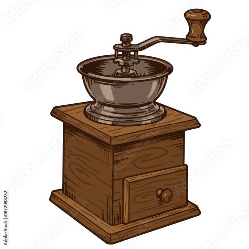 Hand Operated Wooden Coffee Grinder with Brown Rustic Finish and Detailed Design