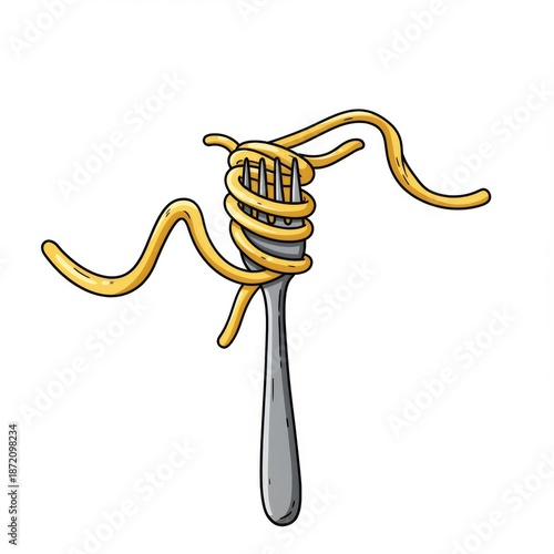 Cartoon Spaghetti Strands Wound Around Silver Fork on White Background