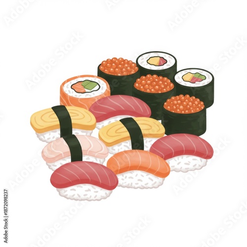 Pixel Art Sushi Assortment Featuring Tuna Salmon and Egg on White Background