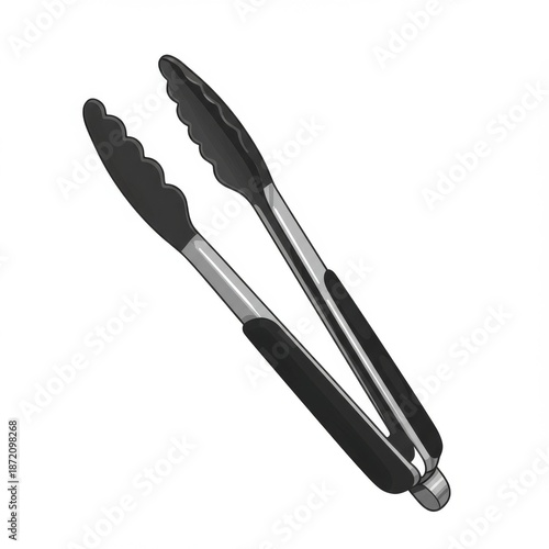 Stainless Steel Tongs with Black Silicone Grips Isolated on White Background