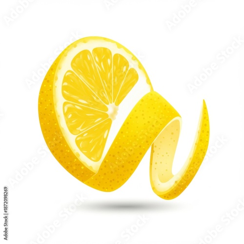 Bright Yellow Lemon with Spiraling Peel on a White Background Close Up