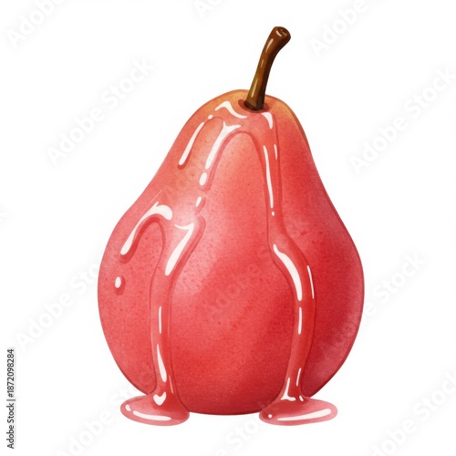 Sweet Red Pear Drizzled with Syrup Watercolor Illustration Isolated on White