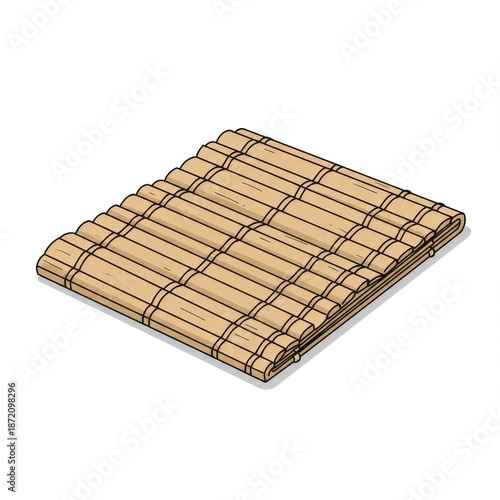 Woven Tan Bamboo Mat with Parallel Slats on White Background with Soft Shadows