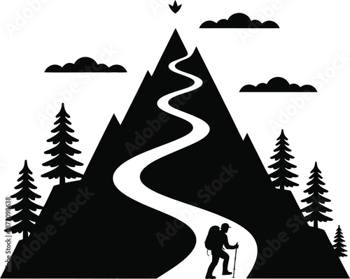 Hiker Journeying on Winding Mountain Path Silhouette