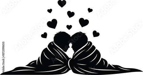 Valentine Love Couple Black Silhouette of two people embracing with hearts floating above them on a white background