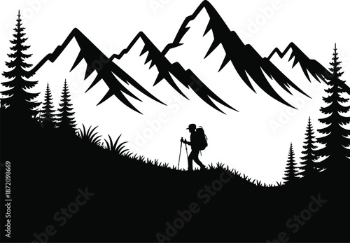 Hiker Traversing Mountainous Terrain Silhouette