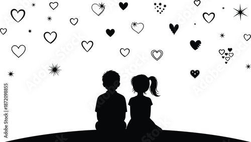 Valentine Love Couple Black Silhouette Silhouettes of a boy and girl sitting together with hearts and stars floating above them