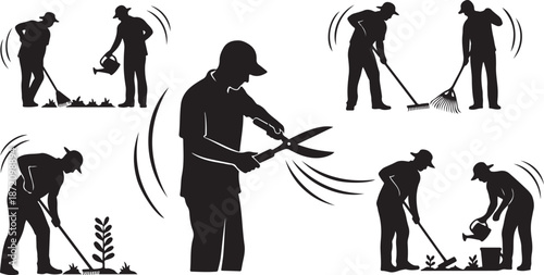 Silhouette of a man doing gardening work outside daily