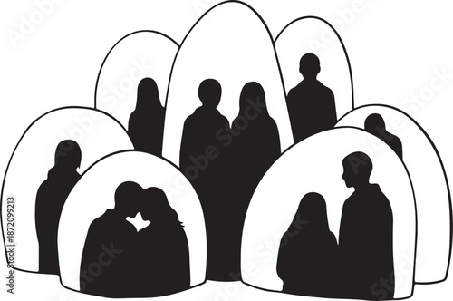 Silhouettes of people in isolated bubbles together