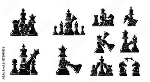 A collection of black chess pieces arranged in a dynamic artistic display