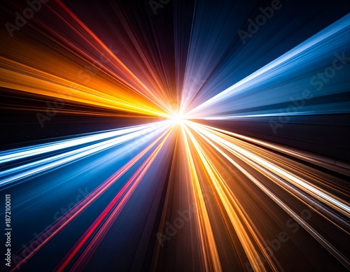 Abstract light rays radiating from a central bright point, vibrant colors, motion blurred