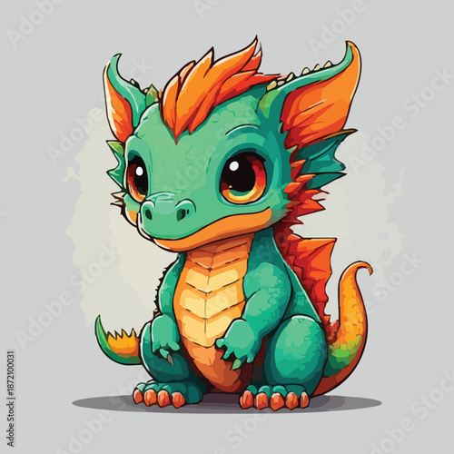 Adorable Baby Dragon Illustration with Big Eyes and Colorful Scales.