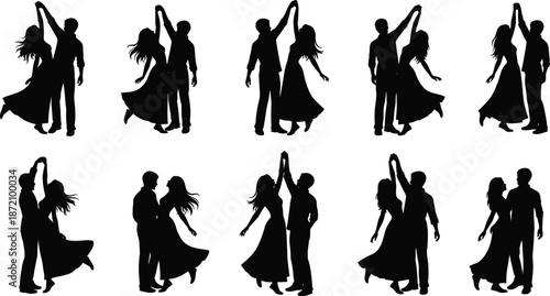 Valentine Love Couple Black Silhouette Silhouettes of couples dancing in formal attire with raised arms and flowing dresses
