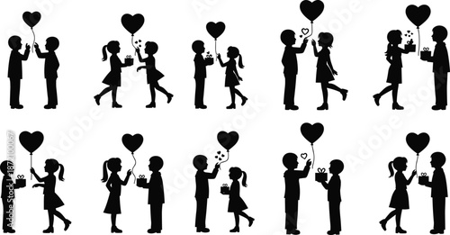 Valentine Love Couple Black Silhouette Silhouettes of couples exchanging gifts and heart shaped balloons in black and white