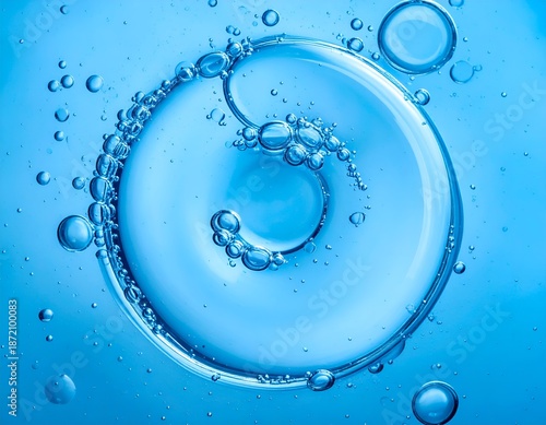 Abstract macro shot of liquid with bubbles forming a spiral against a blue backdrop