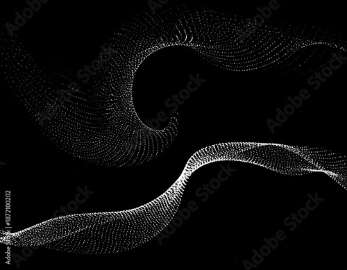 Abstract, minimalist artwork on black background, showcasing intricate, flowing, dot-based lines