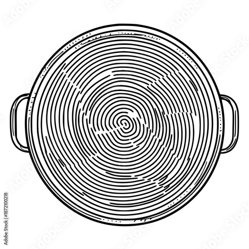 Timeless Artistry: Hammered Copper Pan's Unique Fingerprint Creation | Clean, isolated vector art for creative projects.