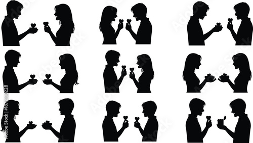 Valentine Love Couple Black Silhouette Silhouettes of couples exchanging heart-shaped gifts and in various poses