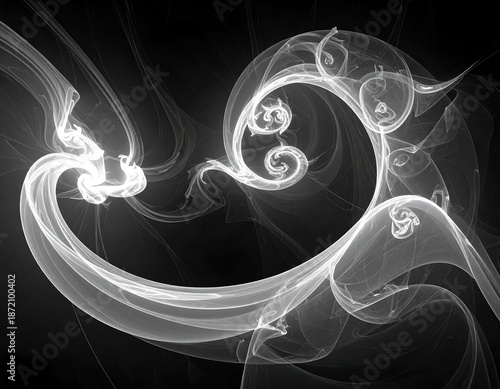 Abstract monochrome swirling lines, resembling smoke or ethereal forms, against a dark backdrop