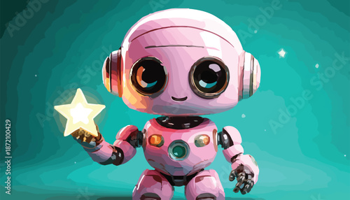 Adorable Pink Robot Holding a Glowing Star with Big Eyes.