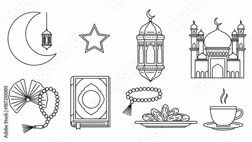 Ramadan celebration elements illustration with mosque, lantern, and traditional items.