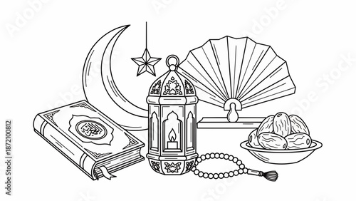 A serene Ramadan scene featuring a lantern, crescent moon, and traditional items in a peaceful setting.