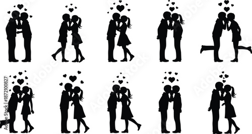 Valentine Love Couple Black Silhouette Silhouettes of couples kissing with hearts above their heads on white background 