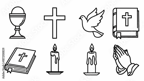 A serene collection of Christian symbols and icons, including a dove, cross, and prayer hands, illustrated in a minimalist style.