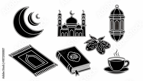 Islamic symbols and objects illustrated in black and white against a clean white background