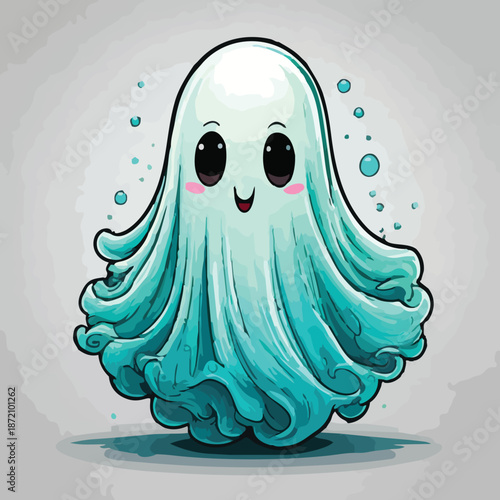 Adorable Teal Ghost with Big Eyes and a Sweet Smile.
