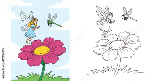 Cute cartoon fairy flying near big pink flower meeting green dragonfly, happy fantasy vector illustration for kids book or nursery decor.